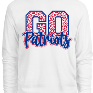 A white long-sleeve Gildan t-shirt featuring a large graphic on the chest. The word "GO" is written in large, blocky varsity letters filled with a red and white leopard print and outlined in blue. Overlapping the bottom of the letters is the word "Patriots" in a flowing, blue cursive script with a thick red and white outline. The background is solid white, and the shirt has ribbed cuffs.